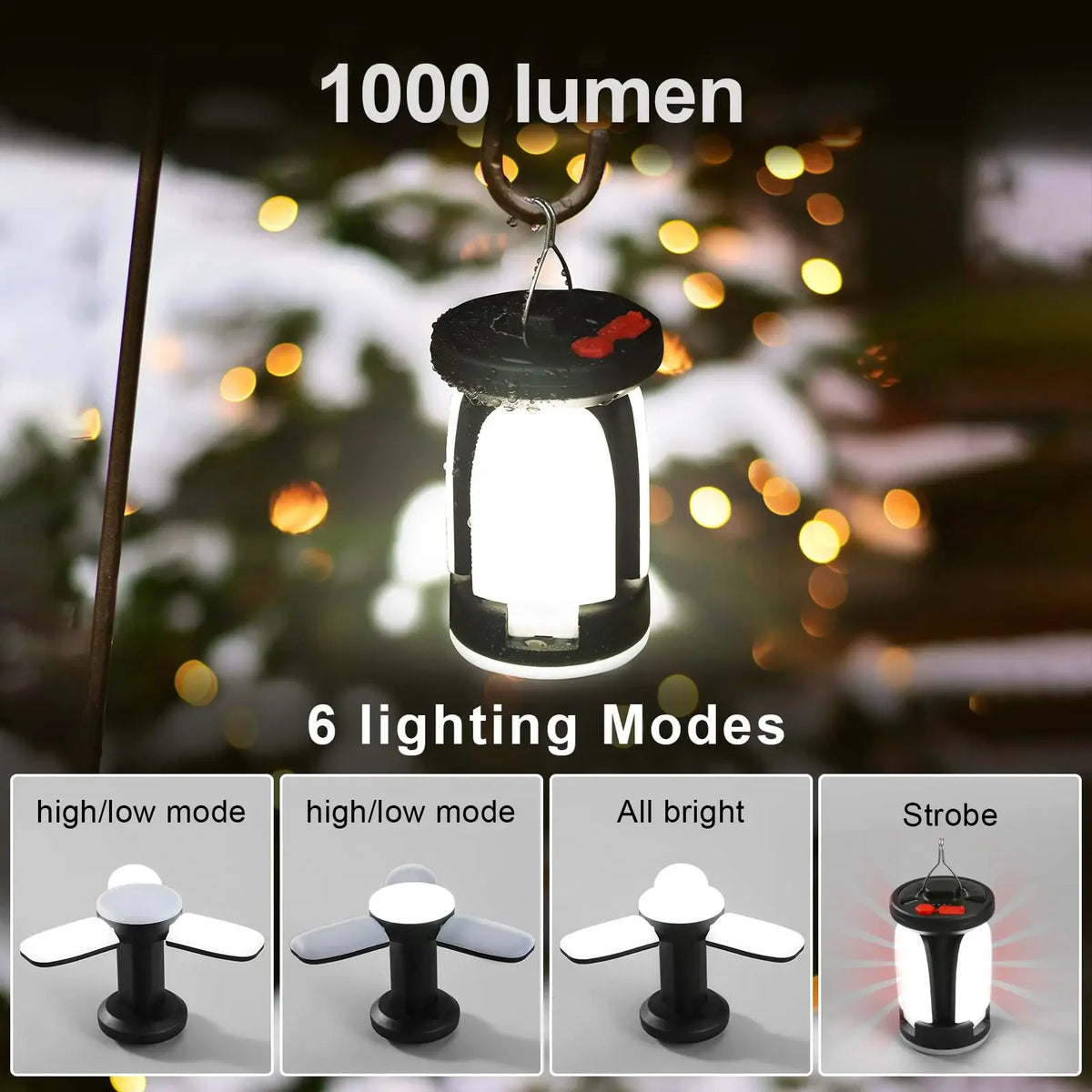 Solar LED Camping Lantern – 1000LM Foldable 6-Mode Emergency Light & Power Bank